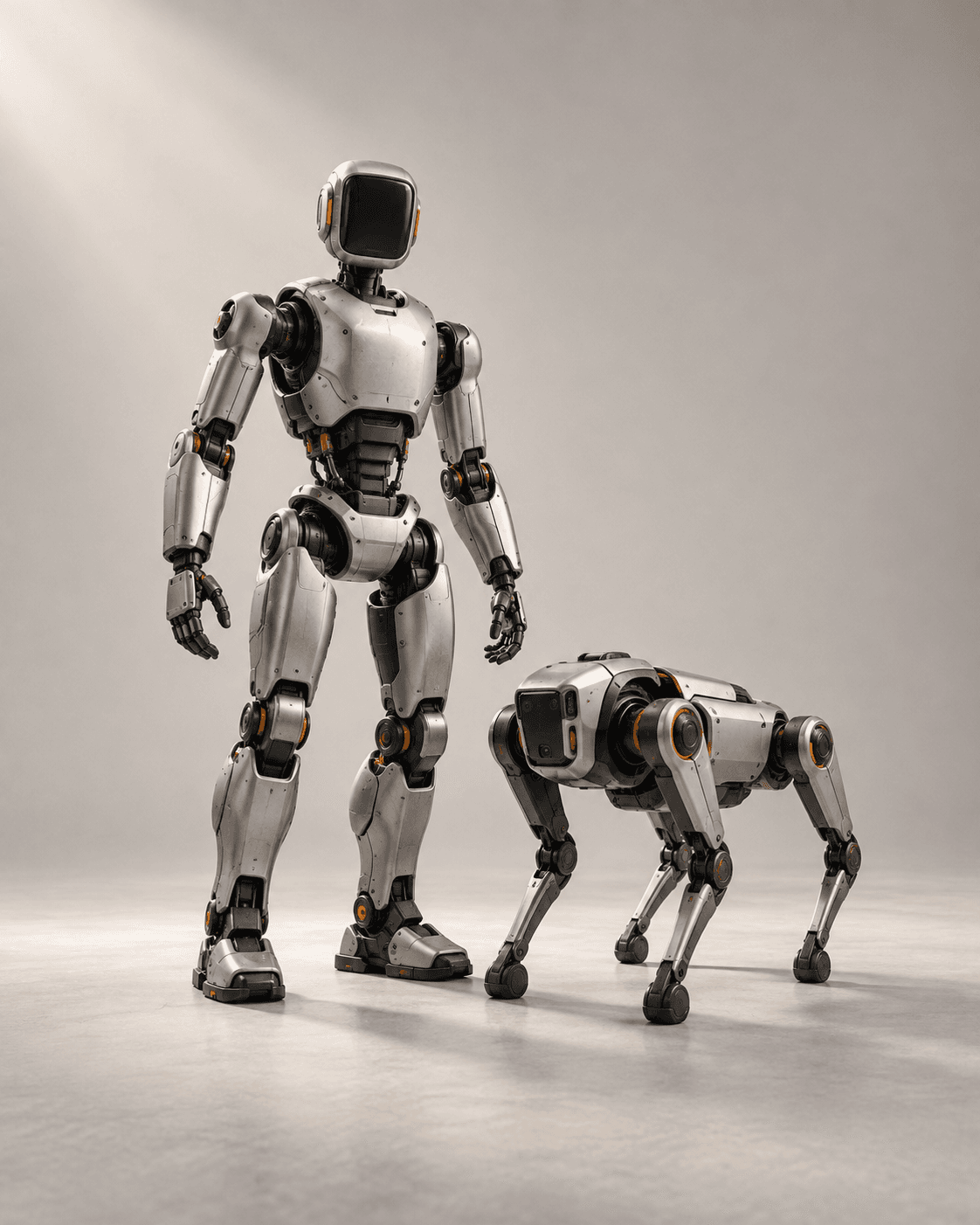 Concept illustration of a silver humanoid and a four-legged robot, representing the planned rental service